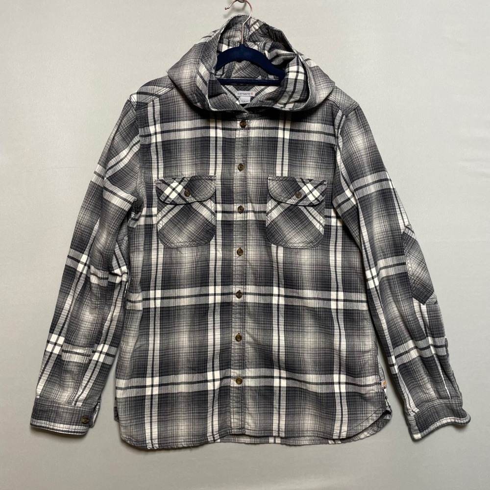 Carhartt Womens Flannel Hooded Shirt Size M Gray White Plaid 100% Cotton Outdoor